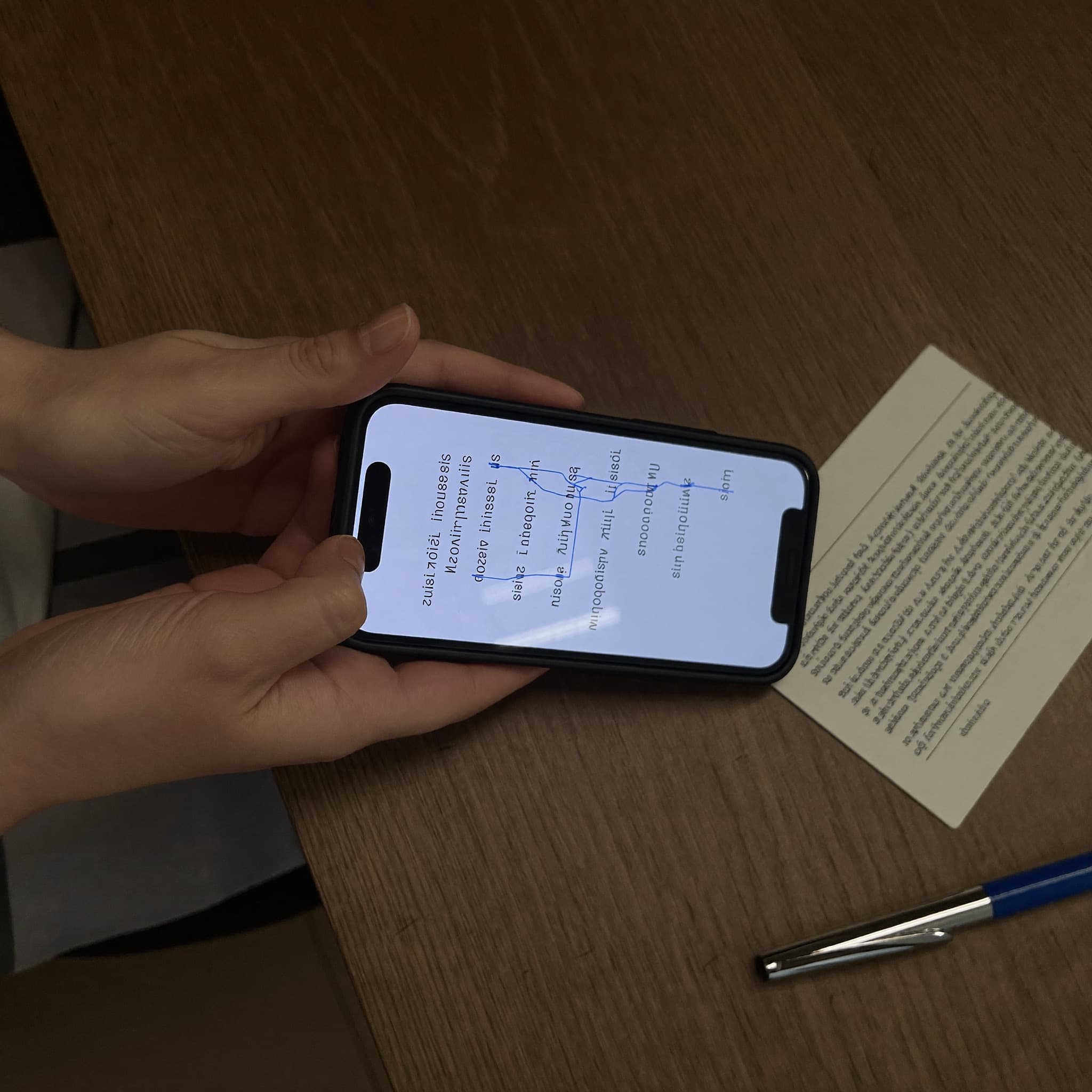 Händer som håller en telefon över en räkning